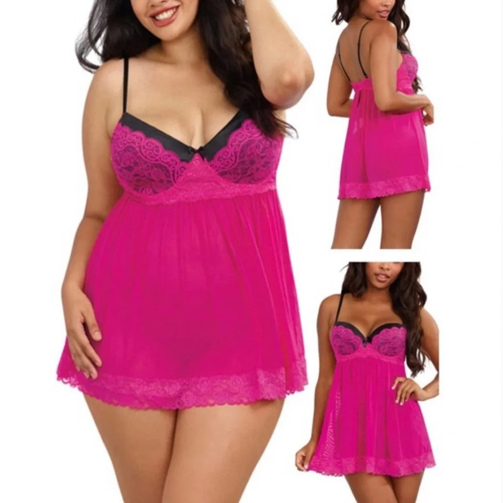 Dreamgirl | Magenta Pink & Black Satin Lace Mesh Push-Up Babydoll Lingerie Dress